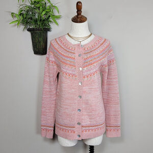Sundance Catalog Vintage Wool Fair Isle Knit Pink Cardigan Sweater Beaded S